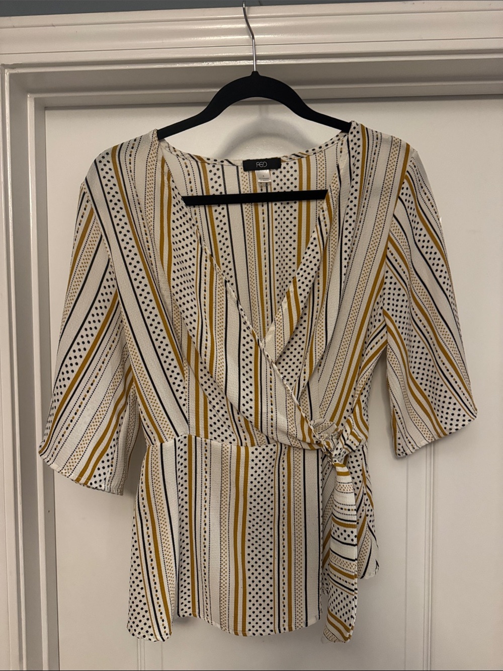Striped Wrap Peplum Blouse in White, Black and Mustard